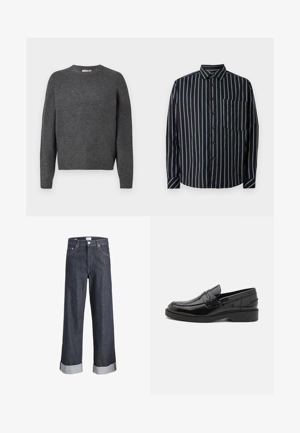Pull gris foncé en tricot doux, avec un col rond, des manches longues et des bords côtes au niveau de l'ourlet et des poignets. Design uni, sans motifs.; Chemise noire à boutons avec des rayures verticales bleues, manches longues, col et poche poitrine. Tissu lisse, coupe décontractée, boutons standard.; Jeans en denim foncé à jambes larges avec un ourlet retourné, une fermeture à bouton et des poches à l'avant. Le tissu a une texture lisse avec des détails de couture discrets.; Mocassins en cuir noir avec une finition lisse, un bout rond, un petit talon et descoutures décoratives à l'avant. Semelle en caoutchouc pour l'adhérence.