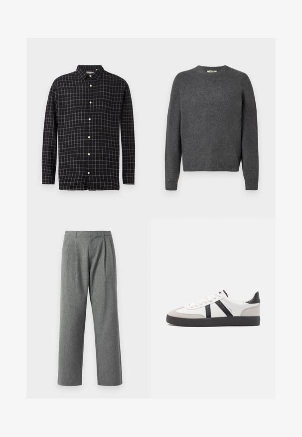Pull gris foncé en tricot doux, avec un col rond, des manches longues et des bords côtes au niveau de l'ourlet et des poignets. Design uni, sans motifs.; Chemise à carreaux noire en tissu avec des manches longues, un col boutonné et des boutons blancs ; présente un motif en grille avec des lignes grises.; Pantalons gris à jambes droites en tissu texturé, avec des plis à l'avant et une taille basique, sans poches visibles.; Baskets blanches avec des accents noirs et gris, présentant un embout texturé gris, une semelle en caoutchouc noir et des lacets plats blancs. Design épuré, style minimaliste.