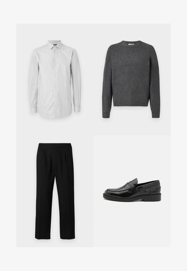 Mørkegrå sweater lavet af blødt strikkemateriale, med rund hals, lange ærmer og ribkant ved bund og ærmer. Enkel design, uden mønstre.; Stribet langærmet skjorte i hvid og lys grå, med krave og knaplukning, prydet med kontrasterende stribede manchetter og en glat tekstur.; Sorte bukser lavet af et glat stof, med et elastisk taljebånd, lige ben-design og to frontfolder for ekstra detaljer.; Sorte læder loafers med en glat finish, rund tå, lav hæl og dekorativ syning langs forsiden. Gummisål for godt greb.