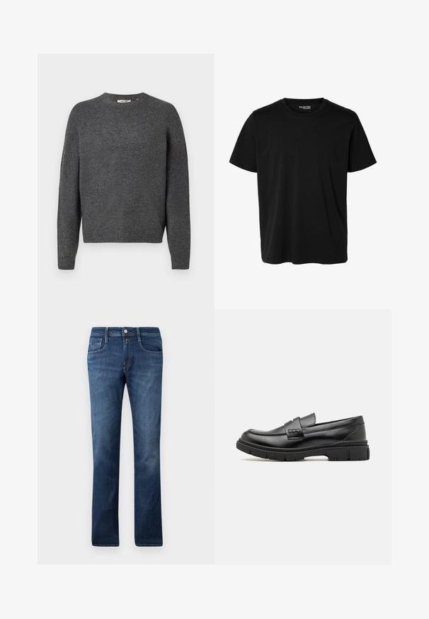 Mørkegrå sweater lavet af blødt strikkemateriale, med rund hals, lange ærmer og ribkant ved bund og ærmer. Enkel design, uden mønstre.; Ensfarvet sort t-shirt med korte ærmer og rund hals, herrepasform, uden synlige mønstre eller logoer foran.; Blå denimjeans med lige bendesign, der har forlommer, lynlås og knaplukning. Mellem vask med subtile falmede områder.; Sort læder loafersko med en bred rem over forfoden, gummisål med tykke mønstre og glat overflade. Klassisk, slankt design.