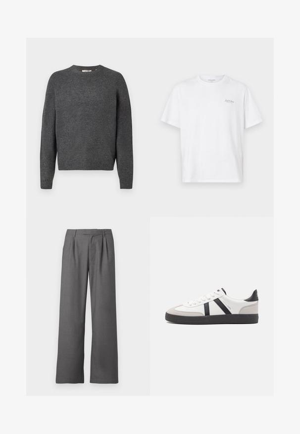 Mørkegrå sweater lavet af blødt strikkemateriale, med rund hals, lange ærmer og ribkant ved bund og ærmer. Enkel design, uden mønstre.; Hvid kortærmet t-shirt lavet af bomuld, med rund hals og et lille logo på venstre brystområde. Glat tekstur, afslappet pasform.; Grå vide benbukser lavet af glat stof, med en plisseret front, sidelommer og en skrædderlavet talje med bæltestropper.; Hvide sneakers med sorte og grå detaljer, med en tekstureret grå tåhætte, sort gummisål og flade hvide snørebånd. Rent design, minimalistisk stil.