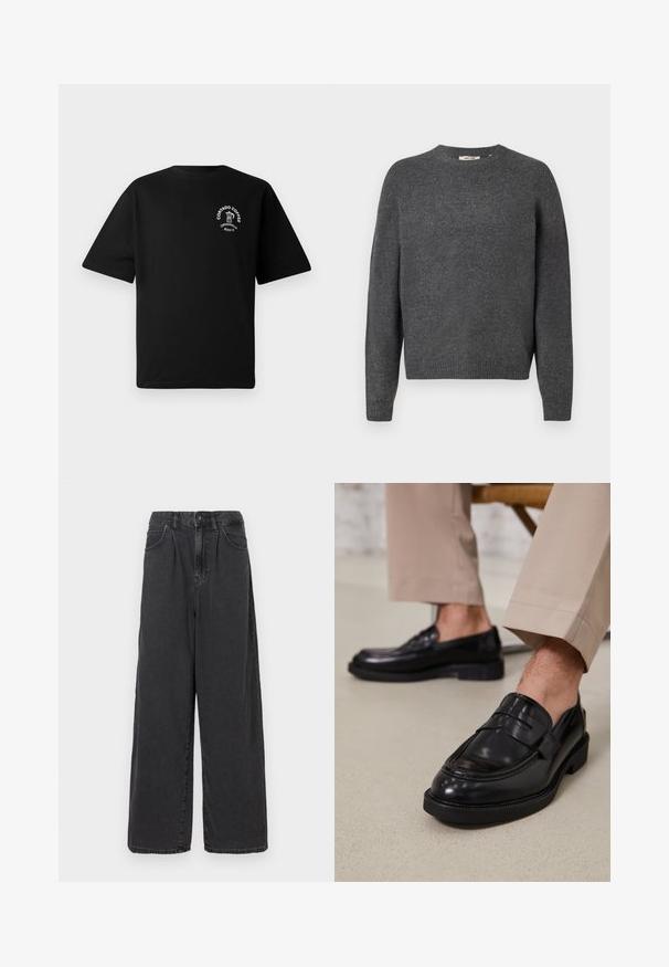 Pull gris foncé en tricot doux, avec un col rond, des manches longues et des bords côtes au niveau de l'ourlet et des poignets. Design uni, sans motifs.; T-shirt noir à manches courtes avec un petit logo blanc sur la poitrine représentant une cafetière et le texte "Cortado Coffee Original 2013."; Pantalons en denim noir à taille haute, coupe large, avec une fermeture à bouton et zip à l'avant, dotés de poches latérales et d'une texture lisse.; Mocassins en cuir noir avec une finition lisse, ornés d'une sangle décorative et de coutures contrastées, associés à un pantalon beige.
