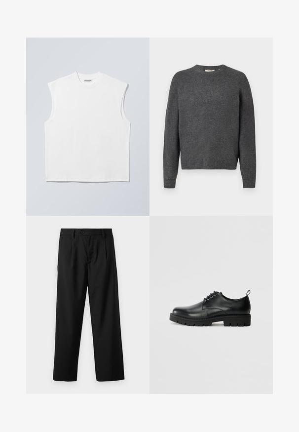 Pull gris foncé en tricot doux, avec un col rond, des manches longues et des bords côtes au niveau de l'ourlet et des poignets. Design uni, sans motifs.; Haut blanc sans manches en coton à col rond avec épaules structurées, marqué "WEEKDAY" sur l'étiquette du col, présenté sur un fond gris clair.; Pantalons noirs à coupe droite, avec une fermeture à un bouton, deux poches avant et une texture de tissu lisse et léger.; Chaussure en cuir noir à bout arrondi, présentant un design à lacets, une semelle en caoutchouc noire robuste et un petit onglet de talon à l'arrière.