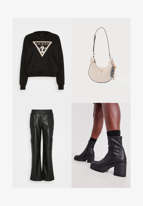 Sweatshirt noir avec un design court, présentant un logo triangulaire en beige avec des accents métalliques. Manches et ourlet côtelés, fabriqué en tissu doux.; Gina Tricot TROUSERS - Pantalon cargo - black; Bottes noires en cuir au niveau des chevilles avec un design plissé, un talon haut épais et une semelle en caoutchouc texturée. Comprend une fermeture éclair sur le côté.; Sac à bandoulière en cuir synthétique beige de forme arrondie, bords noirs, garnitures dorées et porte-clés décoratif avec détails de marque.