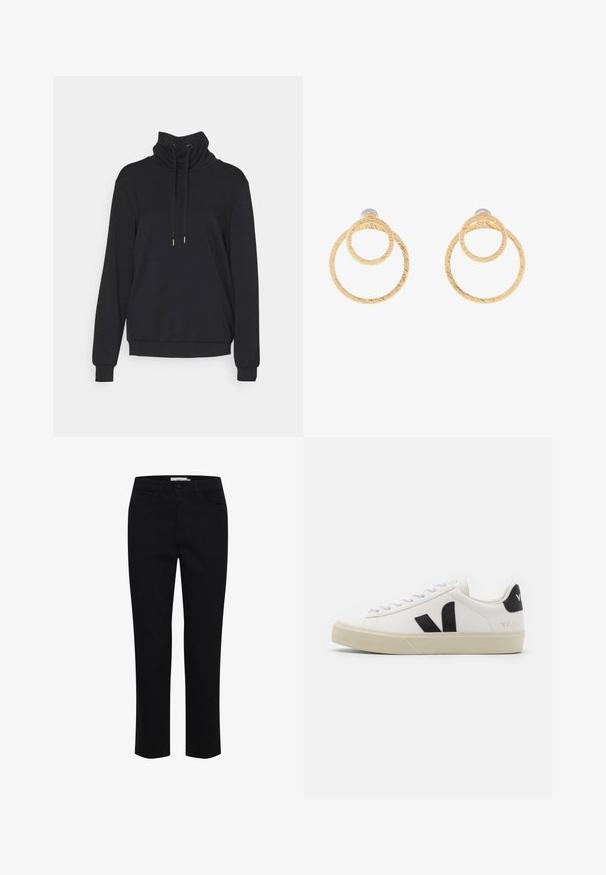 Schwarzes Sweatshirt mit hohem Kragen, langen Ärmeln und Kordelzügen. Weicher Stoff mit gerippten Bündchen und lässiger Passform. Keine Muster oder Grafiken.; Schwarze Baumwollhose mit geradem Schnitt. Verfügt über fünf Taschen und einen vorderen Knopfverschluss. Glatte Textur, minimale Nähdetails.; Weißes Leder-Sneaker mit schwarzem Gummi-V-Logo. Strukturierte cremefarbene Sohle, weiße Schnürsenkel und Fersendetail in Schwarz mit dem Markennamen.; Ohrringe aus goldfarbenem Metall in Form von Creolen, die zwei miteinander verbundene Kreise mit strukturierter Oberfläche zeigen. Sie sind mit einer glatten, sicheren Befestigung entworfen.