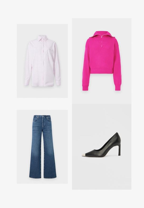 Pull court fuchsia avec une texture côtelée, présentant un col montant zippé et des manches larges, conçu pour un ajustement décontracté.; Chemise à manches longues à carreaux rose clair et blanc, boutonnée sur le devant, avec col pointu et poche en forme de cœur cousue sur la poitrine gauche.; Jean bleu taille haute à jambes larges, fermeture devant par bouton et zip, poches avant et arrière, passants pour ceinture.; Chaussure à talon haut en cuir noir avec bout pointu et capuchon argenté métallique. Présente une finition lisse et un talon fin de 10 cm.