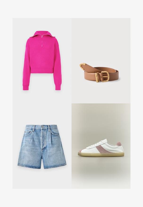 Fuchsia croppet sweater med ribbet tekstur, der har en lynlåsgivet krave og vide ærmer, designet til en afslappet pasform.; Lysblå denimshorts med høj talje, der har knap- og lynlås-lukning, forlommer og en rå kant.; Hvid lav sneaker med lyserøde ruskind accent på siden, hælen og tåen, med hvide snørebånd og beige sål på neutral baggrund.; Brunt læderbælte med tekstureret spænde, løkke og tip i guldtoner, snoet sammen på en hvid baggrund.