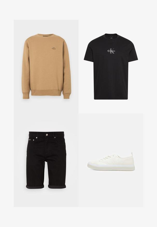 Beige collegepusero, jossa on ribbaus hihansuissa ja helmassa, vasemmalla rinta puolella pieni musta "Mads Nørgaard Copenhagen" -logo.; Musta lyhythihainen pyöreäkauluksinen t-paita, jossa keskellä harmaa "cK"-logo ja valkoinen "Calvin Klein"-teksti rinnassa.; Mustat farkkushortsit suoran mitoituksen omaavina, joissa on käärityt lahkeet, etutaskut ja nappisuljenta. Rakenteellinen kangas, jossa on hieno kiilto.; Calvin Klein TOP LACE UP UNIFIT - Matalavartiset tennarit - salt bay