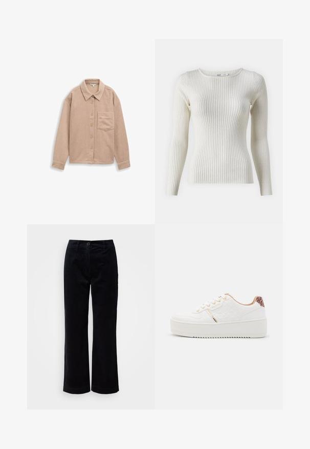 Ribbed cream pitkähihainen neule, jossa on pyöreä pääntie, vartalonmyötäinen malli ja hienovarainen tekstuuri. Brändin etiketti näkyy pääntiellä.; Vaaleanbeige corduroy-paita-takki, jossa on kaulus, viisi nappia ja yksi rintatasku. Pehmeä rakenne pystysuorilla urilla.; Mustat corduroykangas suorat housut, joissa napit ja vetoketju, vyölenkit ja sivutaskut valkoisella taustalla.; Valkoiset platform-tennarit, joissa on tekstuuripinta, kultaiset nauhakuja, vaaleanpunaiset yksityiskohdat ja leopardikuvio mattapintaisella kantapäällä. Kumipohja.