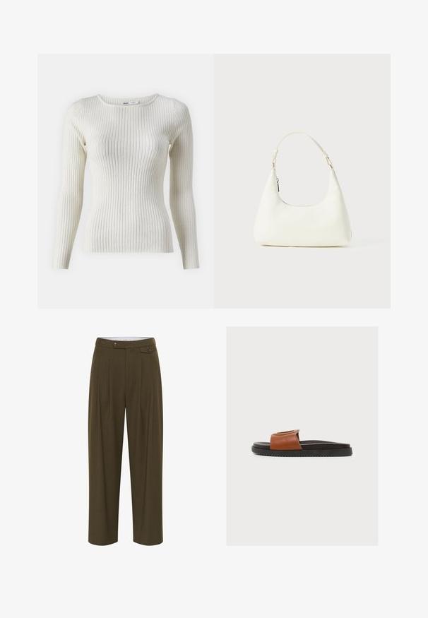 Rippstrick-Cremesweater mit langen Ärmeln, runder Ausschnitt, figurbetonter Passform und subtiler Textur. Das Markenlabel ist am Ausschnitt sichtbar.; Olivgrüne, hoch taillierte Hose mit Falten, geradem Bein, zwei Vordertaschen und Knopfverschlüssen zum Schließen.; Ein einzelner brauner Lederslidesandalette mit schwarzer Sohle, flachem Absatz und breitem Riemen über dem Fußrücken, von der Seite vor weißem Hintergrund gezeigt.; Kleine weiße Schultertasche mit einem verstellbaren Tragegurt und einem Reißverschluss, vor einem schlichten weißen Hintergrund.