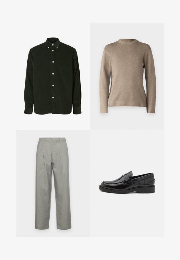 Pull beige à col rond, manches longues, avec des poignets côtelés et un tissu doux et texturé. Présente un design simple et une coupe décontractée.; Chemise en velours côtelé vert foncé à manches longues avec boutons blancs et col boutonné, présentée sur fond blanc.; Pantalons gris sur mesure en tissu texturé, avec une coupe droite, des plis avant et une taille standard avec passants de ceinture.; Mocassins en cuir noir avec une finition lisse, un bout rond, un petit talon et descoutures décoratives à l'avant. Semelle en caoutchouc pour l'adhérence.
