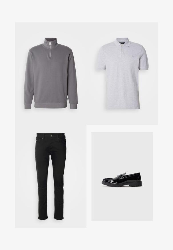 Sweatshirt gris à col zippé avec manches longues. Fabriqué en tissu doux, il présente une fermeture éclair de quart de longueur ainsi que des poignets et un ourlet côtelés.; Polo shirt gris à manches courtes avec un col classique, doté de deux boutons dorés et d'un petit logo brodé sur la poitrine. Tissu en coton lisse.; Jean en coton noir avec une coupe droite, doté d'une fermeture à bouton à l'avant, de passants de ceinture et de poches standard avec une texture lisse.; Mocassins en cuir verni noir avec un bout arrondi, une sangle décorative et une semelle en caoutchouc épaisse avec des reliefs profonds pour l'adhérence.