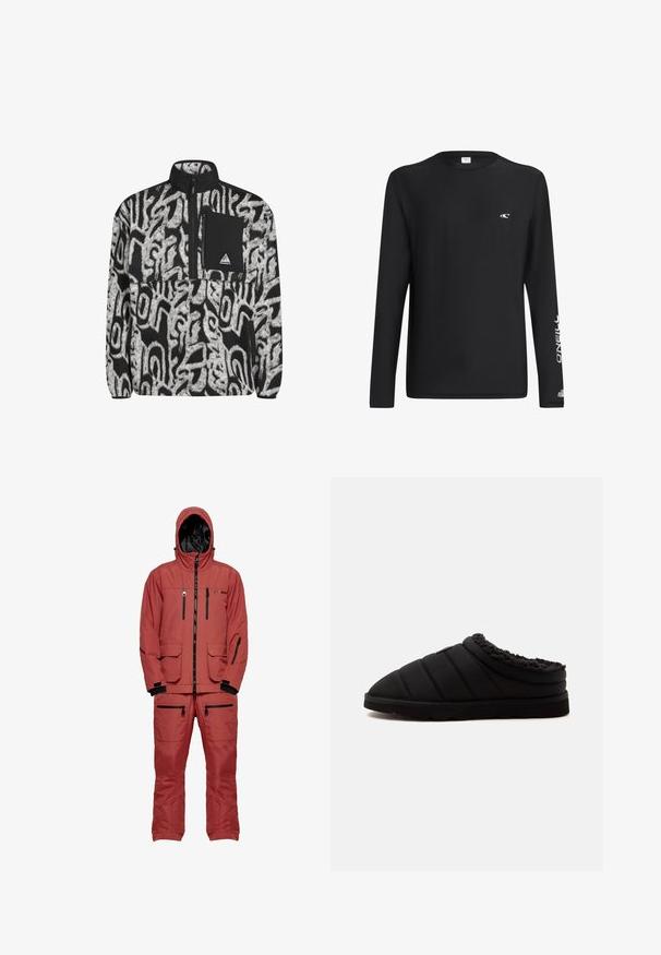 Sort og hvid fleece-pullover med abstrakt mønster, halv-zip lukning og sort brystlomme med et logo-patch.; Sort langærmet O'Neill-shirt med lille hvid bølgelogo på brystet og stor O'Neill-tekst på højre ærme.; Rød vandtæt skijakke med hætte, der har sorte lynlåse og detaljer, flere lommer og et tekstureret stof til isolering.; Sort quiltet slip-on tøfler med tyk sål og blød, fluffet foring omkring åbningen mod en ensfarvet, lys baggrund.