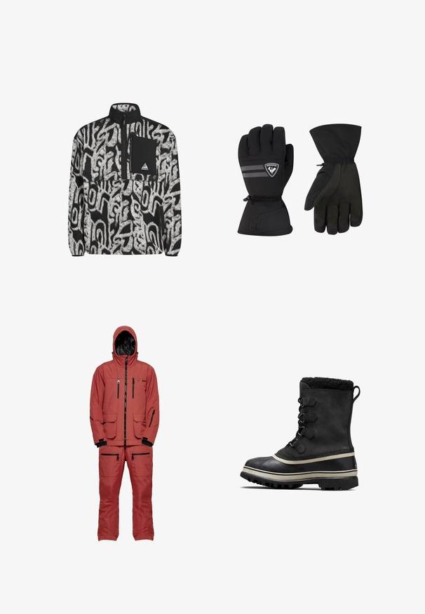 Zwart-wit fleece pullover met abstract patroon, half-zip sluiting en een zwarte borstzak met logo patch.; Rode waterdichte skikostuum met een capuchon, voorzien van zwarte ritsen en accenten, meerdere zakken en een textuurstof voor isolatie.; Zwarte waterdichte laarzen met een bovenwerk van suède, een nepbonten kraag en een rubberen buitenzool. Voorzien van veterogen en witte gestreepte accenten.; Zwarte geïsoleerde handschoenen met een flexibele pasvorm, voorzien van een geborstelde binnenkant, elastische pols en merkaccenten in een matte afwerking.