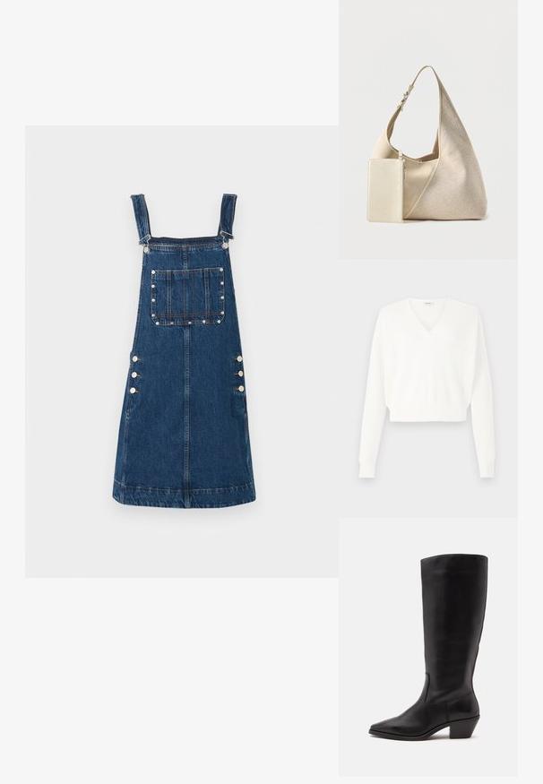 Hvid cropped sweater med v-hals, lavet af struktureret mesh stof, med lange ærmer og ribbede manchetter.; Denim overallkjole i mørkeblå, med justerbare stropper, lommer foran og sideknapper til fastgørelse. Glat tekstur og afslappet design.; Sort læderstøvle til midtkalv med spids tå og lavt skråt hæl på en enkel lys baggrund.; Beige stof hobo taske med justerbar rem og vedhæftet lille rektangulær lynlåslomme i matchende farve.