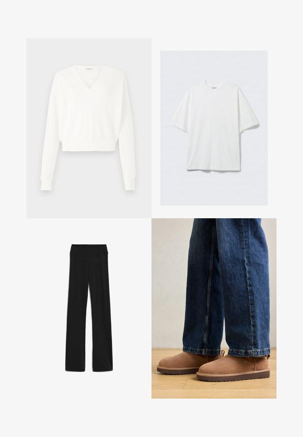 Weißer, kurzer Pullover mit V-Ausschnitt, aus strukturiertem Mesh-Stoff, mit langen Ärmeln und gerippten Bündchen.; Weißes übergroßes Kurzarm-T-Shirt aus Baumwolle mit Rundhalsausschnitt und einem kleinen Markenetikett innen am Kragen.; Schwarze, figurbetonte Yogahosen mit einem breiten Bund, aus dehnbarem Stoff, mit geradem Bein Schnitt und ohne nennenswerte Muster oder Akzente.; Braune Wildleder Stiefeletten mit flacher Sohle, runder Spitze und einer kleinen Zuglasche, kombiniert mit blauen Jeans im geraden Schnitt.