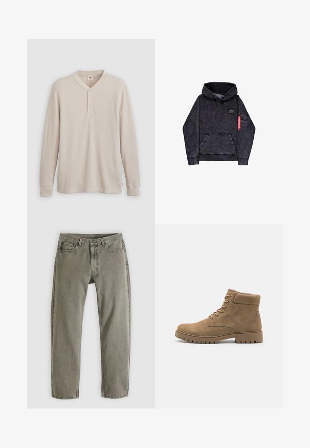 Sort melange hoodie med kængurulomme, justerbar snor i hætten, logo-patch på brystet og sidelomme med rødt mærke.; Langærmet henley-skjorte i lys beige ribbet stof, med V-hals, tre-knap placket og manchetter ved ærmerne. Rød logo-tags ved kanten.; Grå denimjeans med lige ben, for- og baglommer, bæltestropper og knaplukning, lagt fladt på en hvid baggrund.; Tan ruskinds ankelstøvler med rundt tå, polstret krave, seks par snøreringe og en tyk gummisål med skridsikre detaljer.