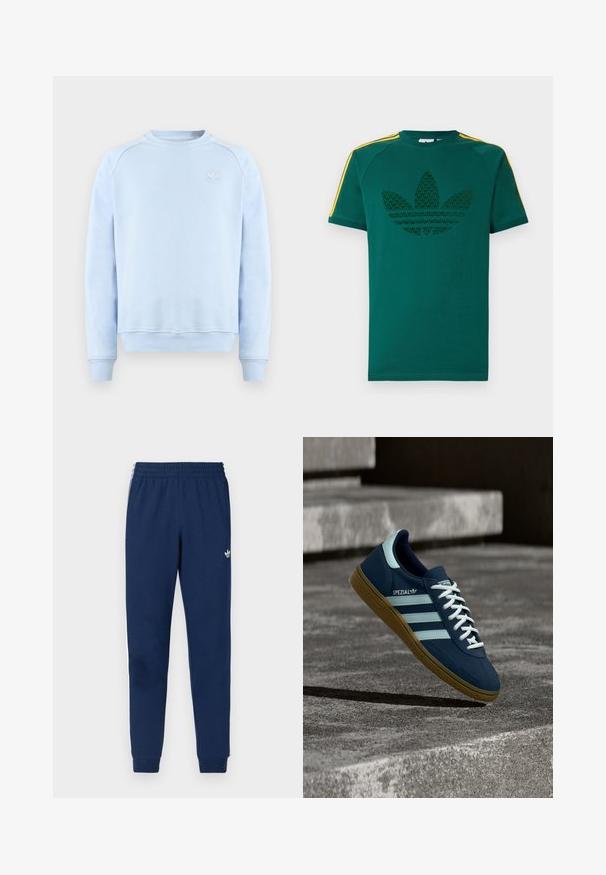 Lyseblå Adidas crewneck sweatshirt med lange ærmer, ribstrikkede manchetter og kant samt lille hvid Adidas-logo på brystet.; Grøn T-shirt med korte ærmer med mørkegrønt Adidas trefoil-logo og gule striber på skuldrene mod en hvid baggrund.; Mørkeblå sweatpants med snøre i taljen, sidelommer og tre hvide striber langs siderne. Har et lille hvidt logo.; Blå Adidas Spezial sneaker med hvide striber og snørebånd, gummisål, svævende over en ru betongoverflade og trin i baggrunden.