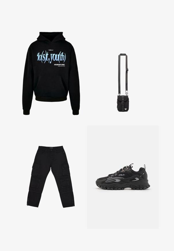 Schwarzer Hoodie mit einer vorderen Kängurutasche, Kapuze mit Kordelzug und grafischem Text in Blau und Weiß, der lautet: "'lo(s)t, you(th) season one spring, summer 2023."; Schwarze Cargo-Hosen aus robustem Stoff, ausgestattet mit mehreren Cargotaschen, Reißverschluss-Ärmeln und geraden Beinen mit dezenten Nähdetails.; Schwarze Sneaker mit einem Obermaterial aus Mesh und Synthetik, Gummisohle, abgerundeter Zehenpartie und reflektierenden Akzenten an den Seiten und Schnürsenkeln.; Schwarze Stoff-Crossbody-Tasche mit verstellbarem Riemen, Klappe vorne und Reißverschlusstasche. Mit gebrandeten Beschlägen und kompaktem rechteckigem Design.