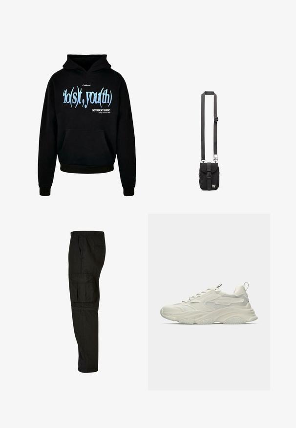 Schwarzer Hoodie mit einer vorderen Kängurutasche, Kapuze mit Kordelzug und grafischem Text in Blau und Weiß, der lautet: "'lo(s)t, you(th) season one spring, summer 2023."; Schwarze Cargo-Hosen mit lockerer Passform, elastischem Bund, Seitentaschen und einer großen Cargotasche am Oberschenkel. Weicher, leichter Stoff.; Klobiger weißer Sneaker mit Netzakzenten, texturierter Gummisohle und abgerundeter Form. Verfügt über minimalistisches Branding und eine Ziehschlaufe an der Ferse.; Schwarze Stoff-Crossbody-Tasche mit verstellbarem Riemen, Klappe vorne und Reißverschlusstasche. Mit gebrandeten Beschlägen und kompaktem rechteckigem Design.