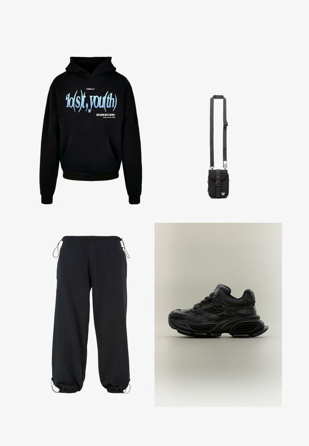 Sort hættejakke med en frontlomme, snøre i hætten og grafisk tekst i blå og hvid, der læser "'lo(s)t, you(th) sæson en forår, sommer 2023."; Sorte sweatpants lavet af blødt stof, med en løs pasform, elastiske manchetter og snøre i taljen til justerbar størrelse.; Sort chunky sneaker med tekstureret design, tyk sål og snørelukning vist mod en almindelig neutral baggrund.; Sort stof crossbody tas med justerbar skulderrem, frontklap og lynlåslomme. Udstyret med mærkehardware og en kompakt rektangulær form.