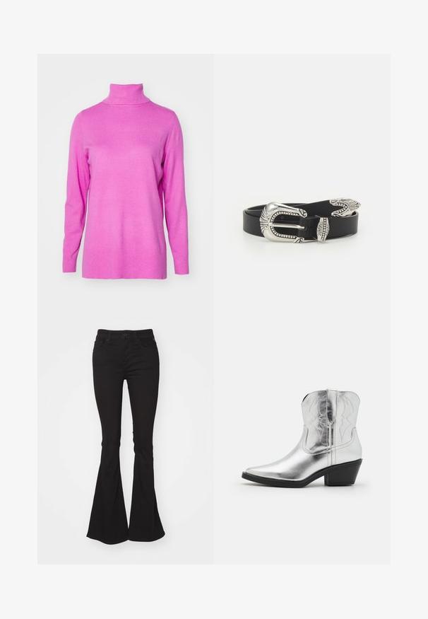 ONLY ONLIBI LONG SLIT ROLLNECK - Svetrík - super pink; Čierne rozšírené džínsy s vysokým pásom, so štandardným zapínaním na gombík a zips, dvoma prednými vreckami a mierne textúrovanou tkaninou.; Strieborné kožené kovbojské čižmy s špicatou špičkou, prešitou detalizáciou na lýtkach a miernym čiernym podpätkom. Hladký a lesklý povrch.; Čierny kožený opasok s veľkou striebornou kovovou sponou s prepracovanými detailmi a dekoratívnymi akcentmi na oboch koncoch.