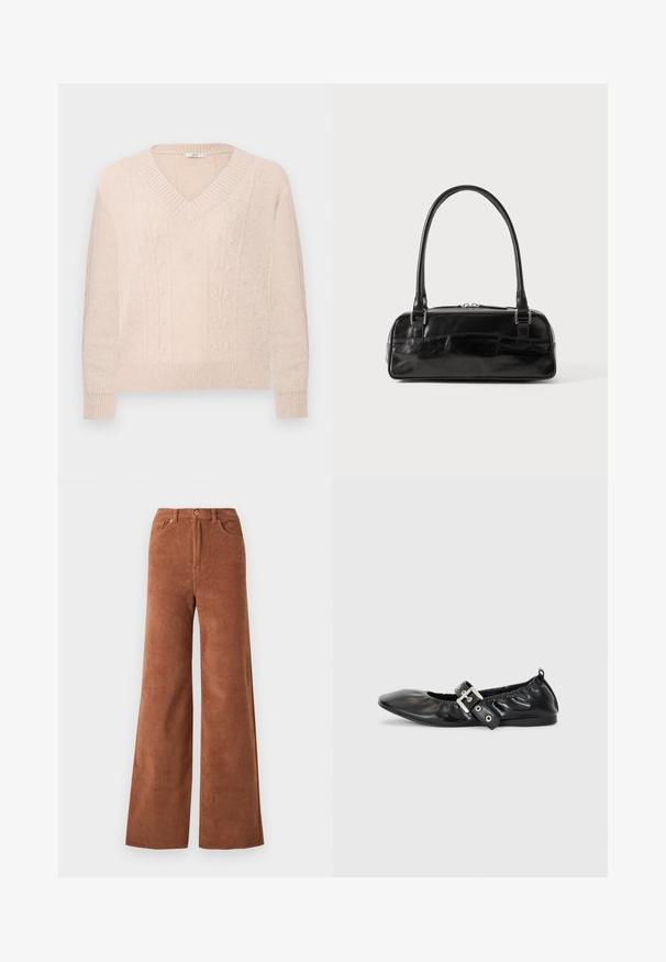 Lys beige strikket sweater med V-hals, ribbede manchetter og kant, med diskrete vertikale blomster kabelstrik mønstre på forsiden.; Bredane corduroy bukser i en dyb brun farve, med lodrette ribber, frontlommer og knaplukning i taljen.; Sorte læder flade sko med spids tå, samling detaljer omkring åbningen, og en sølv spænde accent på den justerbare rem.; Sort læderhåndtaske med rektangulær form, der har et enkelt struktureret håndtag, sølvhardware og lynlås-lukning. Glat tekstur.