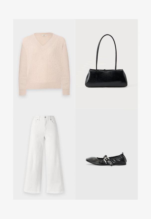 Helles beige Strickpullover mit V-Ausschnitt, gerippten Bündchen und Saum, der dezente vertikale florale Kabelstrickmuster auf der Vorderseite aufweist.; Weiße, weite Jeans aus Denim mit hoher Taille, vier Taschen und rawem Saum am unteren Ende für eine textile Struktur.; Schwarze Leder-Ballerinas mit spitzem Zehenbereich, gerafften Details am Schaft und einem silbernen Schnallenakzent am verstellbaren Riemen.; Schwarze rechteckige Schultertasche mit langen dünnen Trägern und einer glatten, glänzenden Textur auf einfarbigem Hintergrund.