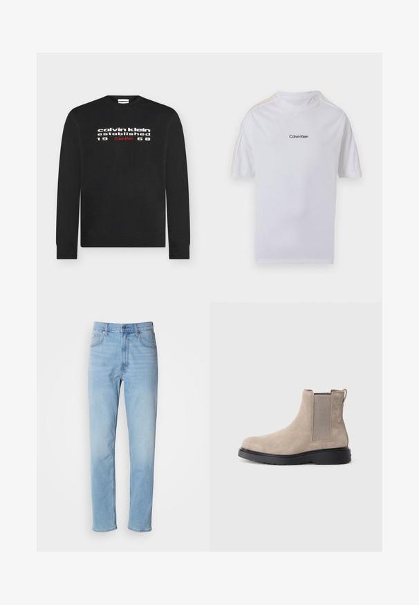 Sort langærmet sweatshirt med hvid og rød tekst "calvin klein established 1968" centreret på brystet.; Hvid T-shirt med korte ærmer og Calvin Klein-logo midt på brystet samt diskrete gule striber langs skuldre og ærmer.; Lys blå denim jeans med lige pasform, fem lommer og bæltestropper. Stoffet har en glat overflade med en let falmningseffekt.; Beige ruskinds Chelsea-støvle med elastiske sidepaneler, en pull-tab og en sort gummisål. Slankt design med rund tå.