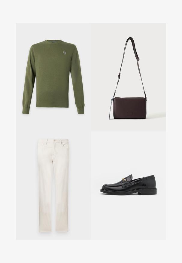 Pull en maille vert olive à manches longues avec poignets et ourlet côtelés, orné d'un petit logo animalier multicolore sur la poitrine gauche.; Jean en denim beige clair à coupe droite, dotés de poches avant, d'une fermeture à bouton et d'une texture subtile. Tissu lisse sans motifs.; Mocassins en cuir noir avec un embout rond, présentant des accents en métal doré et des détails de couture, montés sur une semelle en caoutchouc texturé et basse.; Sac bandoulière en cuir marron foncé texturé avec une sangle réglable et un petit accent décoratif bleu sur le côté.