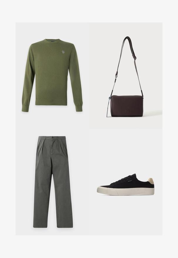 Pull en maille vert olive à manches longues avec poignets et ourlet côtelés, orné d'un petit logo animalier multicolore sur la poitrine gauche.; Pantalons légers plissés en coton gris foncé avec une coupe droite. Comprend une fermeture à bouton à l'avant et des passants de ceinture.; Baskets basses noires avec languette beige au talon, semelle en caoutchouc blanche épaisse, lacets noirs et petite étiquette "PS Paul Smith" sur le côté.; Sac bandoulière en cuir marron foncé texturé avec une sangle réglable et un petit accent décoratif bleu sur le côté.
