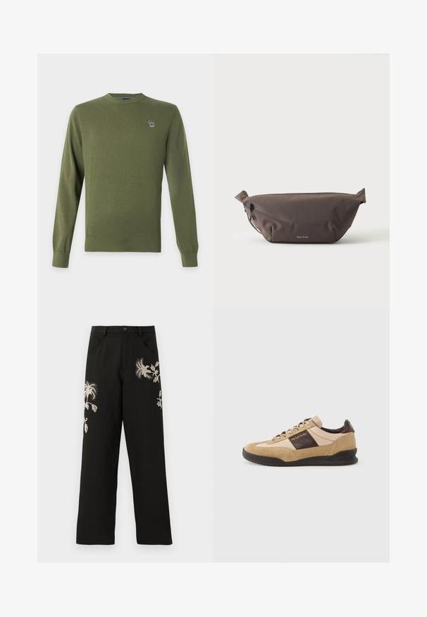 Pull en maille vert olive à manches longues avec poignets et ourlet côtelés, orné d'un petit logo animalier multicolore sur la poitrine gauche.; Pantalons larges noirs avec broderie florale dans des tons crème. Présente des poches avant et une fermeture à bouton, fabriqués en un textile lisse.; Baskets en suède beige avec un panneau texturé marron, un talon marron contrastant et des lacets multicolores. Caractérisées par une semelle en caoutchouc noire et un logo doré.; Sac banane en tissu marron foncé avec poche zippée en diagonale et petit logo blanc sur le devant, sur un fond clair uni.
