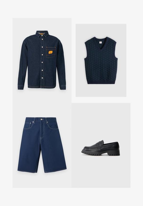 Chaleco de punto sin mangas en azul marino con patrón de cuadrícula texturizada en verde y cuello en V, exhibido plano sobre un fondo claro.; Camisa de mezclilla azul oscuro con cuello abotonado, etiqueta naranja en el bolsillo del pecho y botones blancos. Textura suave con detalles de costura en contraste.; Pantalones cortos azul marino hasta la rodilla con costuras blancas, botón frontal, cremallera, trabillas para el cinturón y tres bolsillos delanteros sobre un fondo neutro.; Mocasines de cuero negro con punta redondeada, que presentan una correa decorativa y una suela de goma gruesa con surcos profundos para mayor tracción.