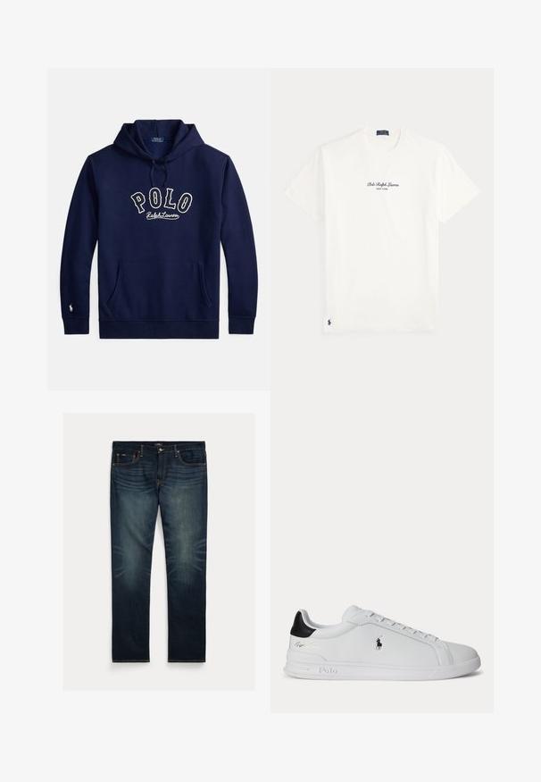 Marineblauer Hoodie mit Fronttasche, Kordelzug und weißem "POLO Ralph Lauren"-Schriftzug auf der Brust sowie einem kleinen Logo am linken Ärmelsaum.; Weißes T-Shirt mit kurzen Ärmeln und dem Text "Polo Ralph Lauren New York" zentriert auf der Brust sowie kleinem marineblauem Polo-Logo nahe dem unteren Saum.; Dunkelblaue Jeans aus Denim mit geradem Bein, dezentem Ausbleichen in Kniehöhe und orangen Ziernähten an Taschen und Nähten.; Weißer Sneaker mit niedrigem Schaft, schwarzem Fersenlasche, Schnürsenkeln und Polo Ralph Lauren Logo an der Seite, mit geprägten Sohlen-Details.