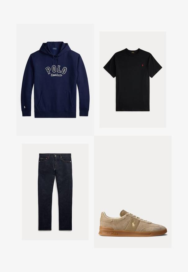 Marineblauer Hoodie mit Fronttasche, Kordelzug und weißem "POLO Ralph Lauren"-Schriftzug auf der Brust sowie einem kleinen Logo am linken Ärmelsaum.; Schwarzes Baumwoll-T-Shirt mit kurzen Ärmeln, Rundhalsausschnitt und einem kleinen roten gestickten Logo auf der linken Brust. Glatte Textur, lässige Passform.; Dunkle Jeans aus Denim mit geradem Schnitt, fünf Taschen, orangefarbener Naht und Knopfleiste. Das Gewebe hat eine glatte Textur.; Beiger Wildleder- und Leder-Low-Top-Sneaker mit Gummisohle, weißen Schnürsenkeln und Polo-Logo an der Seite und an der Sohle.