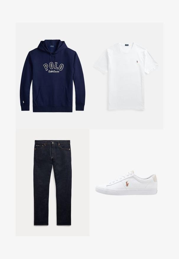 Sudadera con capucha azul marino con bolsillo frontal, cordones y texto blanco "POLO Ralph Lauren" en el pecho, además de un pequeño logo en el puño de la manga izquierda.; Camiseta blanca de algodón, cuello redondo, manga corta, con un pequeño logo bordado y colorido en el lado izquierdo del pecho. Textura suave, corte clásico.; Vaqueros de mezclilla azul oscuro con cinco bolsillos, cierre de botón y cremallera, y costuras doradas visibles, mostrados planos sobre un fondo claro.; Zapatilla de lona blanca con diseño de corte bajo, que cuenta con un taco trasero beige y un pequeño logo bordado en el costado. Suela de goma.