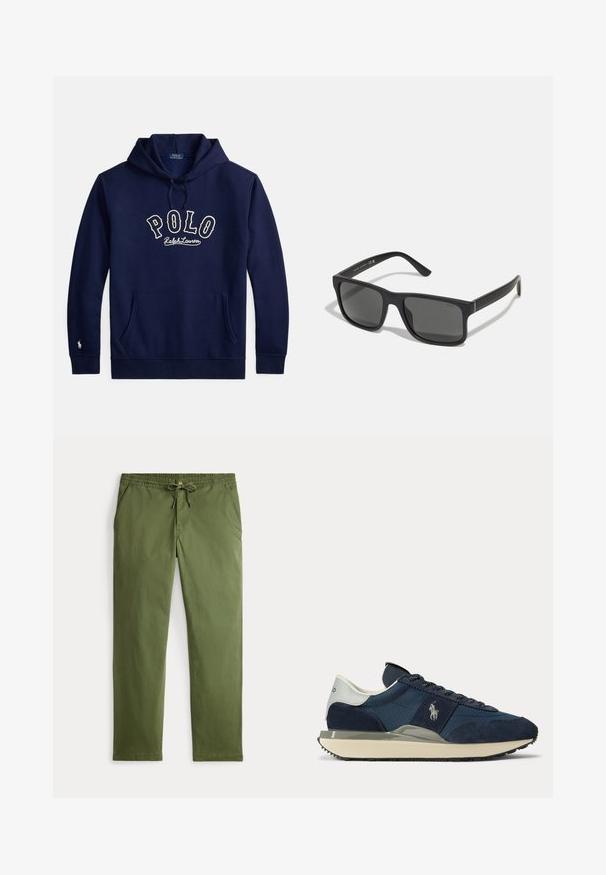 Marineblauer Hoodie mit Fronttasche, Kordelzug und weißem "POLO Ralph Lauren"-Schriftzug auf der Brust sowie einem kleinen Logo am linken Ärmelsaum.; Herren Olivgrüne Casual-Hosen mit elastischem Bund, Kordelzug, Knopfverschluss und Seitentaschen, flach auf einem weißen Hintergrund präsentiert.; Marineblauer und weißer Sneaker mit Velours- und Stoffeinsätzen, weißem Logo an der Seite, weißem Fersenlaschen und beiger Sohle mit schwarzer Laufsohle.; Schwarze rechteckige Sonnenbrille mit dunklen Gläsern und matter Oberfläche. Enthält das eingeprägte "POLO"-Logo an den Bügeln und ein robustes Rahmendesign.