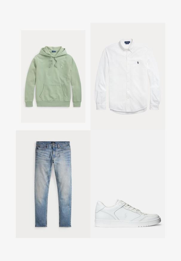 Hele rohelise kapuutsiga dressipluus ees tasku, paelad ja vasakul rinnal väike tikitud logo.; Valge pikkade varrukatega nööpidega särk nööbitava kraega ja väike tume Polo Ralph Laureni logo vasakul rinnal.; Heledad sinine teksapüksid, tuhm finish, viie tasku disain ja kontrastne õmblus. Omab tõmblukku ja vööauke. Sirge lõige.; Valged nahast spordijalatsid siledast materjalist, millel on ventilatsiooniga varvas, paelad ja kõrvale brodeeritud logo. Valge kummitald.