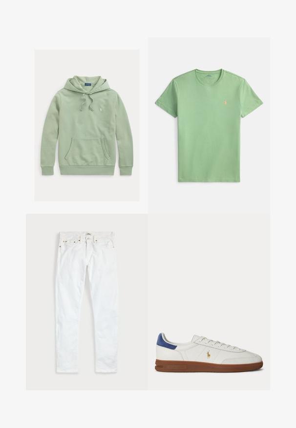 Sudadera con capucha de color verde claro con bolsillo delantero, cordones y pequeño logo bordado en el pecho izquierdo.; Camiseta de algodón de manga corta y cuello redondo en verde claro. Presenta un pequeño logotipo naranja bordado en el pecho. Textura suave, ajuste casual.; Vaqueros blancos de corte ajustado con cinco bolsillos, cierre de botones y trabillas para cinturón, extendidos sobre un fondo liso y claro.; Zapatilla blanca de caña baja con suela marrón, lengüeta azul en el talón, cordones y logo dorado de Polo Ralph Lauren en el lateral.