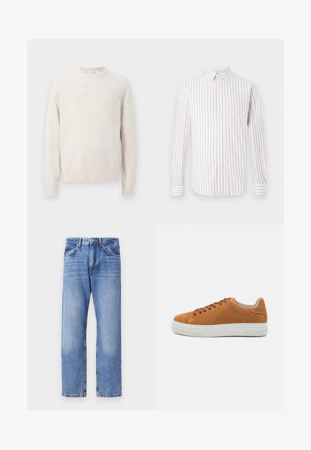 Flødefarvet sweater med rund halsudskæring, ribbede manchetter og kant. Blød tekstur med et enkelt, rent design og raglanærmer.; Button-up skjorte med lange ærmer, prydet med lodrette rosa og hvide striber, en krave, en lomme på forsiden og stribede ærmekanter.; Lyseblå denimjeans med lige ben, fem lommer, kontrasttråd og en let slidt finish. Knap- og lynlåslukning.; Tan ruskindslignende sko i afslappet stil med brune snørebånd, hvid gummisål, rund tå og minimalistisk design med en tekstureret hæl akcent.