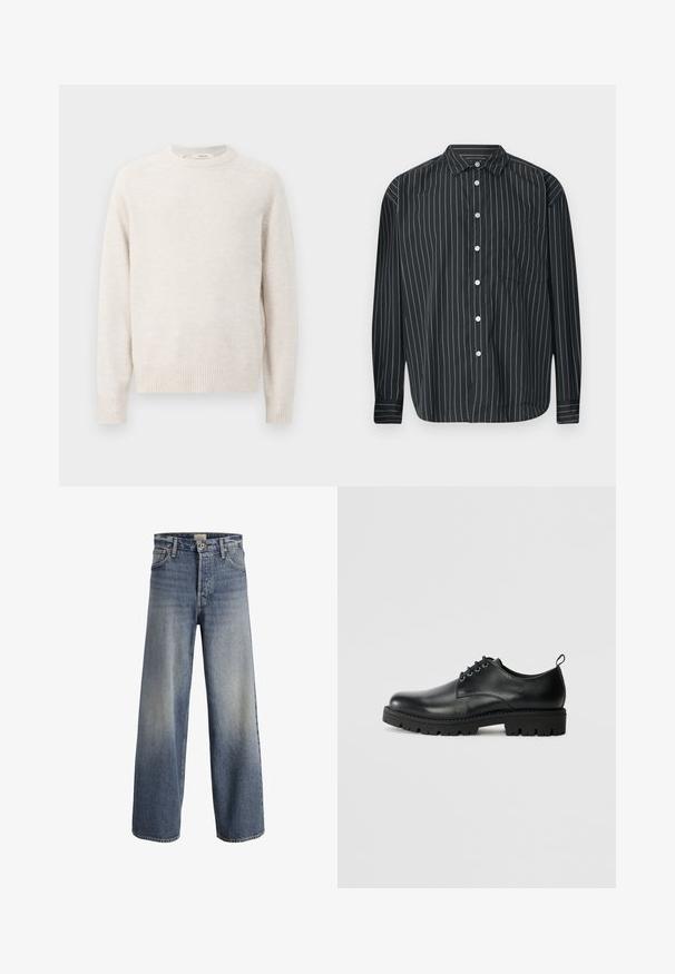 Pull crème avec un col rond, des poignets et un ourlet côtelés. Texture douce avec un design simple et épuré et des manches raglan.; Chemise noire à manches longues avec des rayures verticales blanches fines, une poche poitrine unique, un tissu lisse et un col classique.; Jean large bleu clair en denim. Doté d'une taille haute, d'un fermeture à boutons et d'un dégradé subtil avec une texture lisse et des coutures surpiquées.; Chaussure en cuir noir à bout arrondi, présentant un design à lacets, une semelle en caoutchouc noire robuste et un petit onglet de talon à l'arrière.