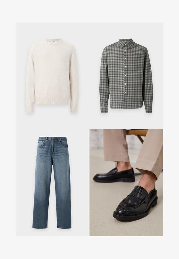 Flødefarvet sweater med rund halsudskæring, ribbede manchetter og kant. Blød tekstur med et enkelt, rent design og raglanærmer.; Skjorte med knapper og tern i grå og grønne nuancer. Bomuldsstof med en struktureret krave, lange ærmer og en brystlomme.; Lige ben blå denim jeans med en falmet vask, der har fem lommers design, metallisk knap og bæltestropper. Struktureret, medium vægt stof.; Sorte lædermokkasiner med en glat overflade, der har en dekorativ rem og kontraststing, parret med beige bukser.
