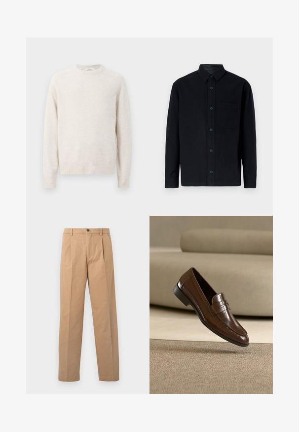 Flødefarvet sweater med rund halsudskæring, ribbede manchetter og kant. Blød tekstur med et enkelt, rent design og raglanærmer.; Sort skjorte med knapper lavet af bomuld. Har en frontlomme, lange ærmer og mørke knapper. Glat tekstur med et klassisk kravedesign.; Khaki bukser med lige ben-design, lavet af bomuldsstof; har en enkelt knaplukning og to frontfolder.; Brun læderloafer med et struktureret mønster, der svæver over et beige tæppe med en matchende beige sofa i baggrunden.