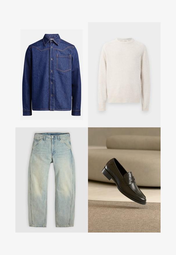 Suéter color crema con cuello redondo, puños y dobladillo acanalados. Textura suave con un diseño simple y limpio y mangas raglán.; Camisa de mezclilla azul oscuro de manga larga con cuello punta, botones en el frente, bolsillo en el pecho y costuras en contraste de color naranja.; Vaqueros de pierna ancha en azul claro hechos de denim. Cuentan con cinco bolsillos, cierre de botón y zonas desgastadas para un aspecto envejecido.; Zapato mocasín de cuero negro flotando sobre una alfombra beige con un sofá beige en el fondo, mostrando el diseño clásico para hombres sin cordones.