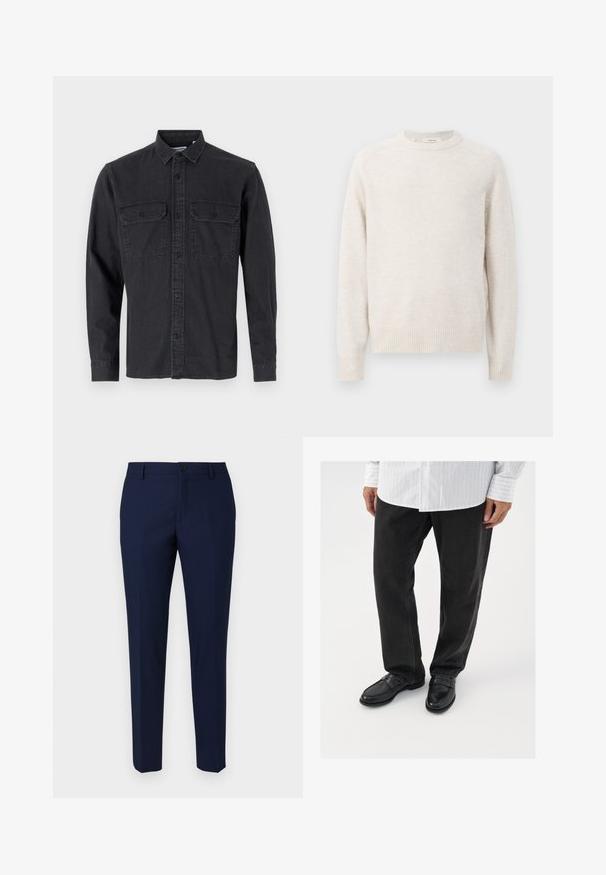 Pull crème avec un col rond, des poignets et un ourlet côtelés. Texture douce avec un design simple et épuré et des manches raglan.; Chemise à manches longues, de couleur gris foncé, à boutons, en mélange de coton, avec deux poches poitrine et col classique.; Pantalons ajustés bleu marine en tissu lisse, dotés d'une fermeture à bouton, d'un devant plat et de jambes fuselées pour une coupe moderne.; Pantalons en denim noir associés à des mocassins noirs brillants. La chemise est blanche avec de fines rayures verticales, avec des manches longues et un col boutonné.
