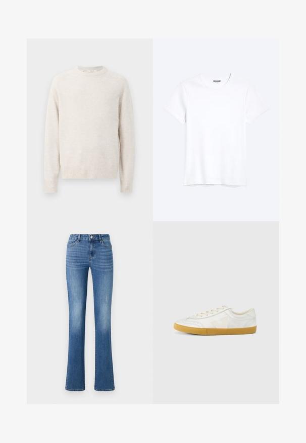Suéter color crema con cuello redondo, puños y dobladillo acanalados. Textura suave con un diseño simple y limpio y mangas raglán.; Camiseta blanca lisa de cuello redondo y manga corta con una etiqueta visible de la marca WEEKDAY en el cuello, mostrada sobre un fondo claro.; ONLY ONLWAUW MID WAIST - Vaqueros slim fit - medium blue denim; Zapatilla deportiva de cuero blanco con textura suave, que presenta un logo 'V' beige, puntera redonda, diseño con cordones y suela de goma color chicle.