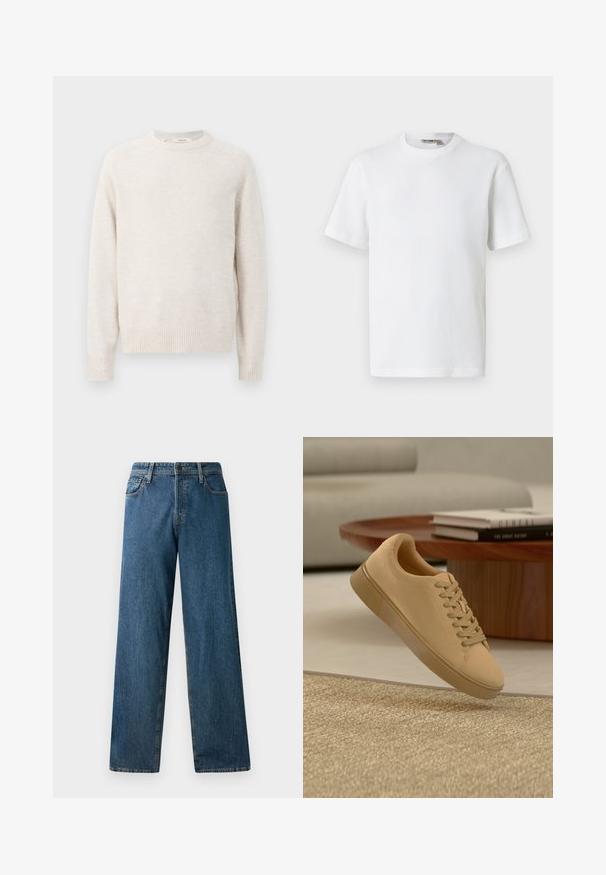 Flødefarvet sweater med rund halsudskæring, ribbede manchetter og kant. Blød tekstur med et enkelt, rent design og raglanærmer.; Hvid kortærmet t-shirt i vaffelmønster med rund hals og et lille mærke med brandnavn inde i kraven, vist på en ensfarvet baggrund.; Mørkeblå denimjeans med en afslappet pasform, lige ben, fem lommer og kontrasterende syninger. Har en frontknap og lynlås lukning.; Beige snørestøvler, der svæver over et tekstureret tæppe med et træ sofabord og stablede bøger i en sløret baggrund.