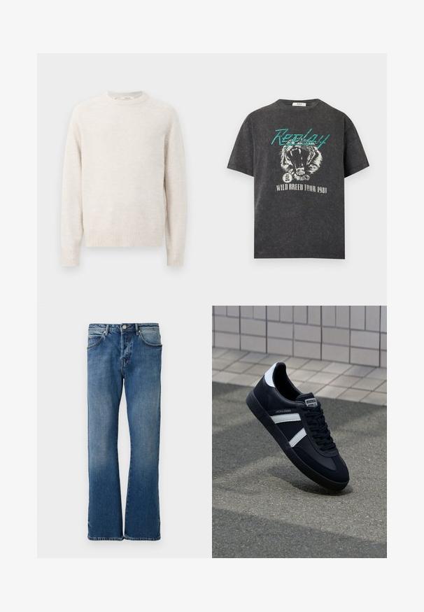Crème kleurige sweater met een ronde halslijn, geribbelde manchetten en zoom. Zachte textuur met een eenvoudig, strak ontwerp en raglan mouwen.; Zwart gewassen T-shirt met turquoise "Replay" tekst, brullende tijger grafiek en witte "Wild Breed Tour 1981" tekst daaronder.; Lichtblauwe denim jeans met een rechte pijpontwerp, voorzien van vijf zakken, een knoopsluiting en subtiele vervagingen op de stof.; Zwarte leren sneaker met witte strepen, een gestructureerde rubberen zool en vetersluiting aan de voorkant. Voorzien van een merklabel op de tong.