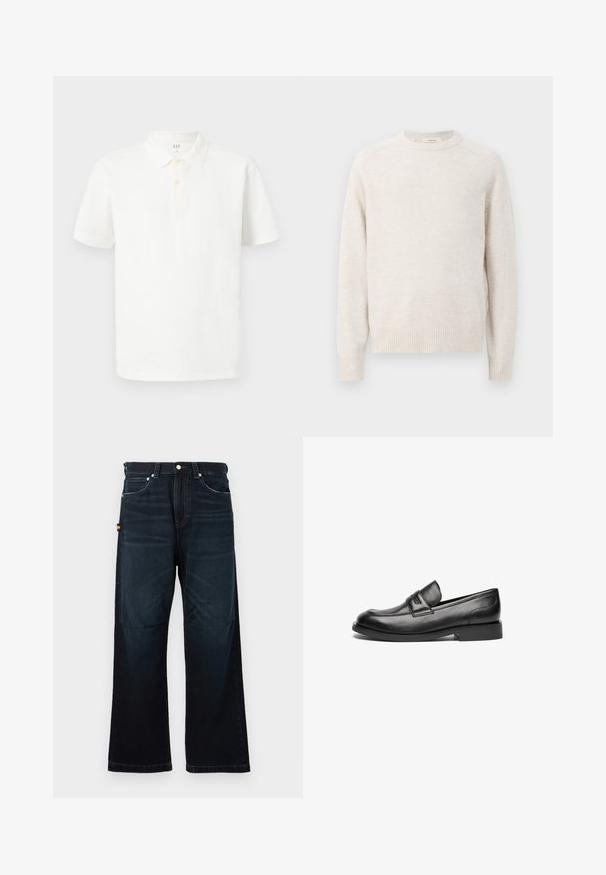 Cremefarbener Pullover mit rundem Ausschnitt, gerippten Bündchen und Saum. Weiche Textur mit einem einfachen, klaren Design und Raglanärmeln.; Weißes Poloshirt aus Baumwolle mit klassischem Kragen, kurzen Ärmeln, einer Zwei-Knopf-Leiste und subtiler Struktur im Gewebe.; Dunkelblaue gerade Jeans mit klassischem Fünf-Taschen-Design, Gürtelschlaufen und subtilen verblassten Details an der Vorderseite und an den Knien.; Schwarze Lederloafers verfügen über eine abgerundete Zehenpartie, eine genähte Naht über der Oberseite und eine flache Gummisohle. Glatte Oberfläche ohne sichtbare Muster.