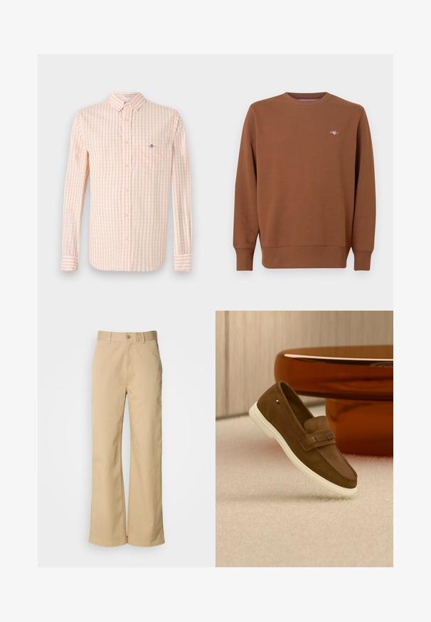 Braunes Sweatshirt mit Rundhalsausschnitt aus weichem Material, mit langen Ärmeln und einem kleinen gestickten Logo auf der Brust. Gerippte Bündchen und Saum.; Hellorange und weiße kariert Stoffhemd mit langen Ärmeln, Button-Down-Kragen und Brusttasche. Verfügt über ein dezentes Logo auf der Tasche.; Beige, weit geschnittene Hosen aus einer Baumwollmischung. Mit einem Knopfverschluss und Gürtelschlaufen. Glatte Textur mit minimalen Nähten.; Brauner Wildleder-Loafer mit weißer Sohle und Metalldetail, schwebend über hellem Teppich neben einem glänzenden braunen runden Möbelstück.